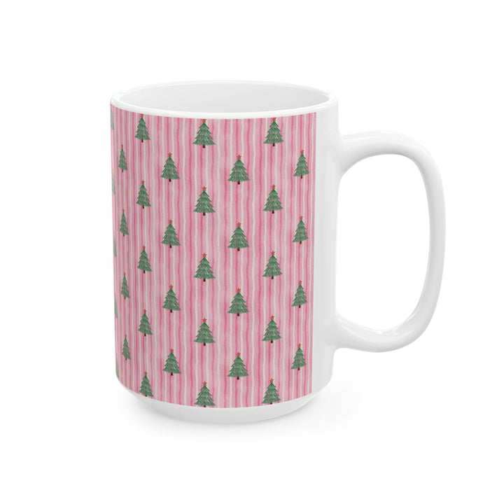 Pink Watercolor Christmas Tree Ceramic Mug, Striped Holiday Coffee Cup, Pastel Christmas Gift, 11oz and 15oz