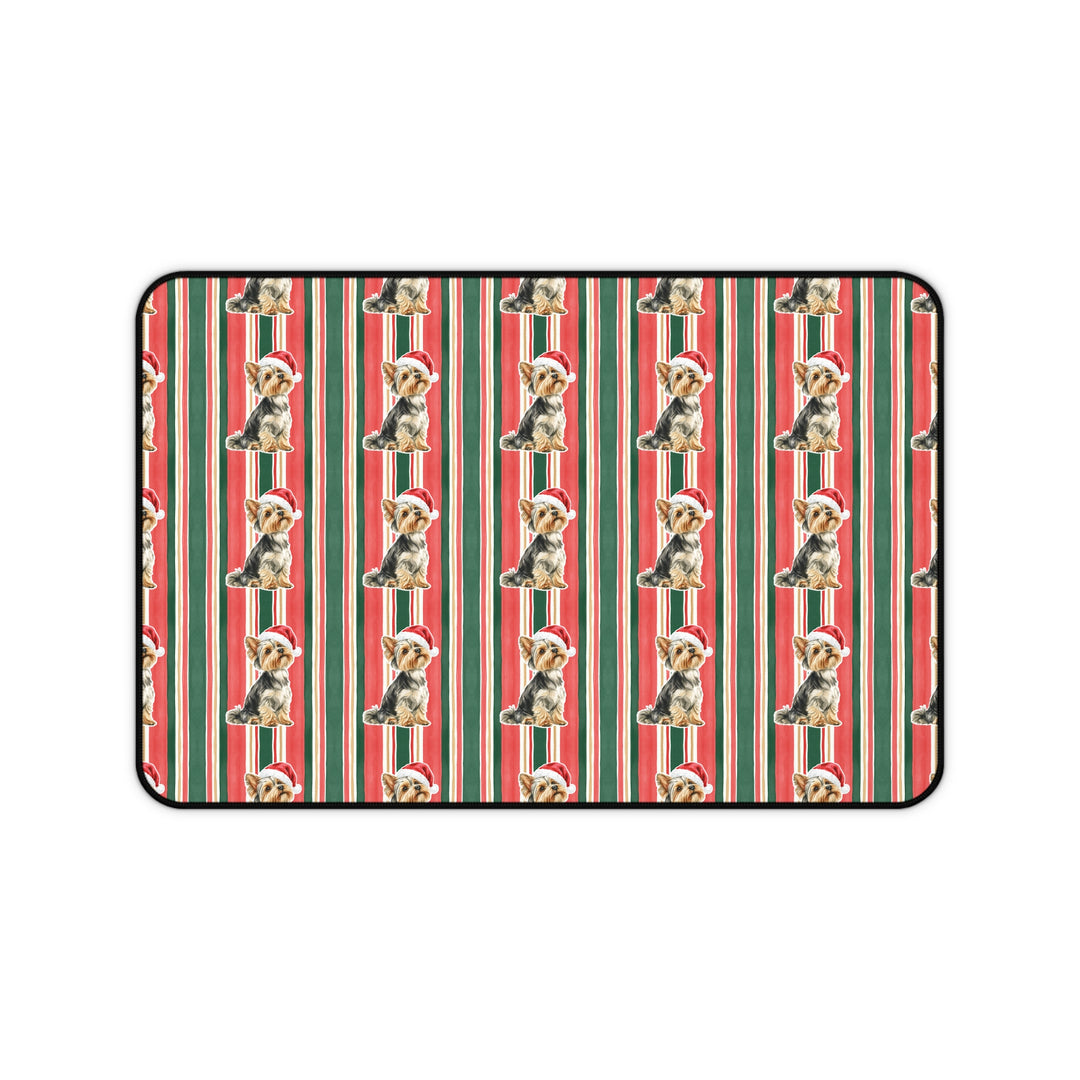 Yorkshire Terrier Christmas Desk Mat, Classic Red Green Stripes, Santa Dog Desk Pad