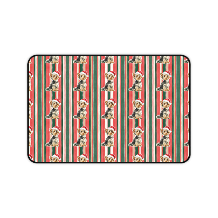 Yorkshire Terrier Christmas Desk Mat, Classic Red Green Stripes, Santa Dog Desk Pad