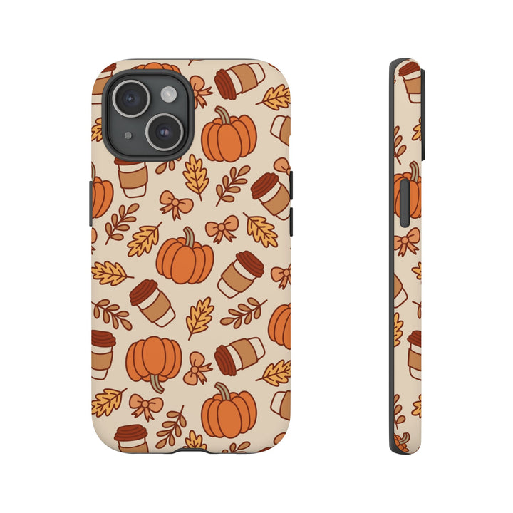 Pumpkin Coffee Tough iPhone Case, Fall Leaves and Bows Autumn Phone Cover, Matte or Glossy