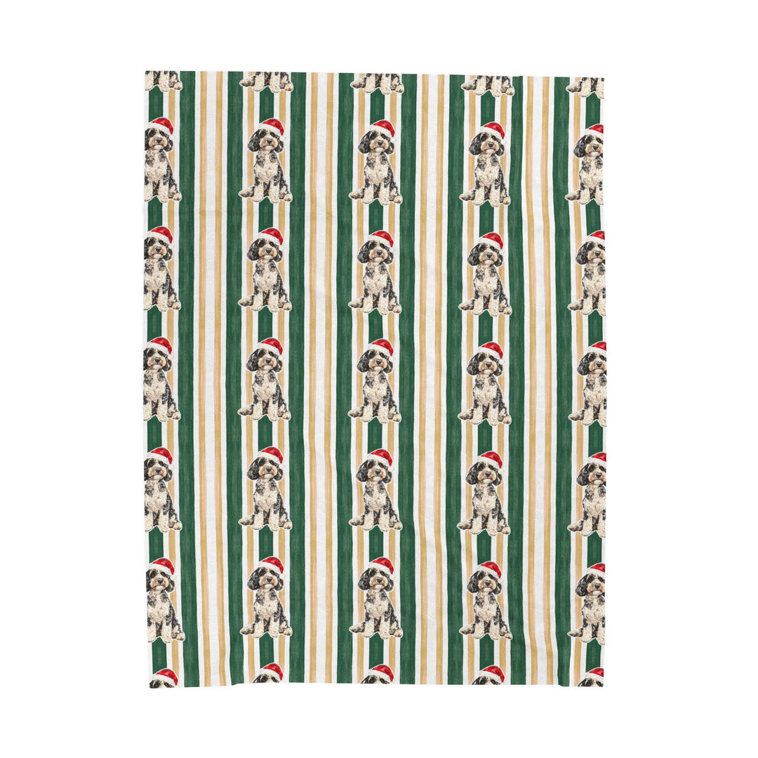 Doodle Christmas Velveteen Plush Blanket, Green Gold Stripes, Santa Dog Throw
