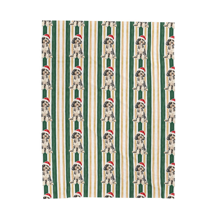 Doodle Christmas Velveteen Plush Blanket, Green Gold Stripes, Santa Dog Throw