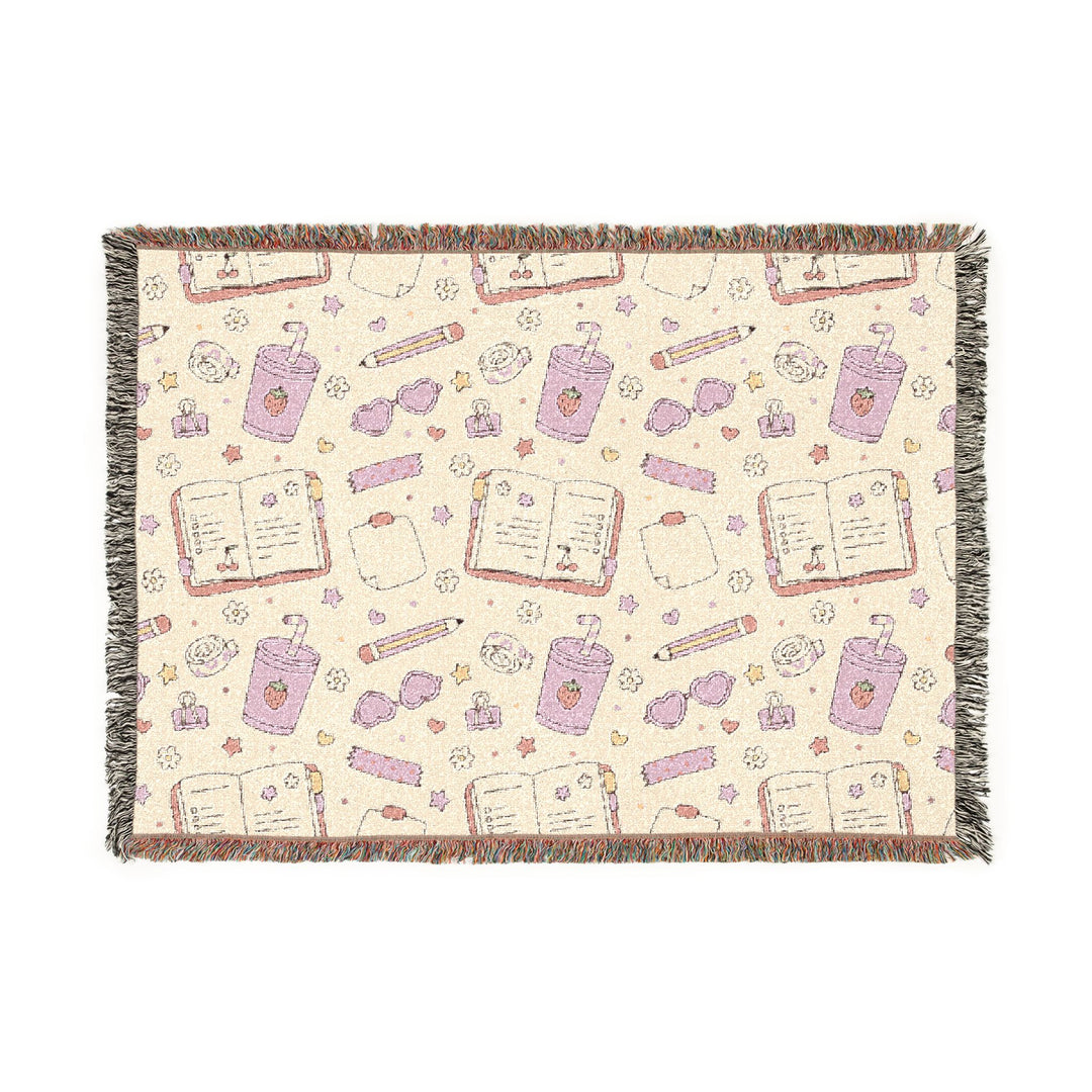 Pink Stationery Woven Blanket, Planner and Pencil Cotton Throw, Back to School Gift, Cozy Study Room Decor