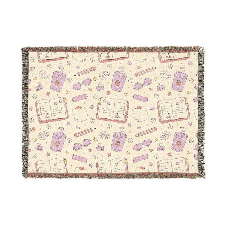 Pink Stationery Woven Blanket, Planner and Pencil Cotton Throw, Back to School Gift, Cozy Study Room Decor