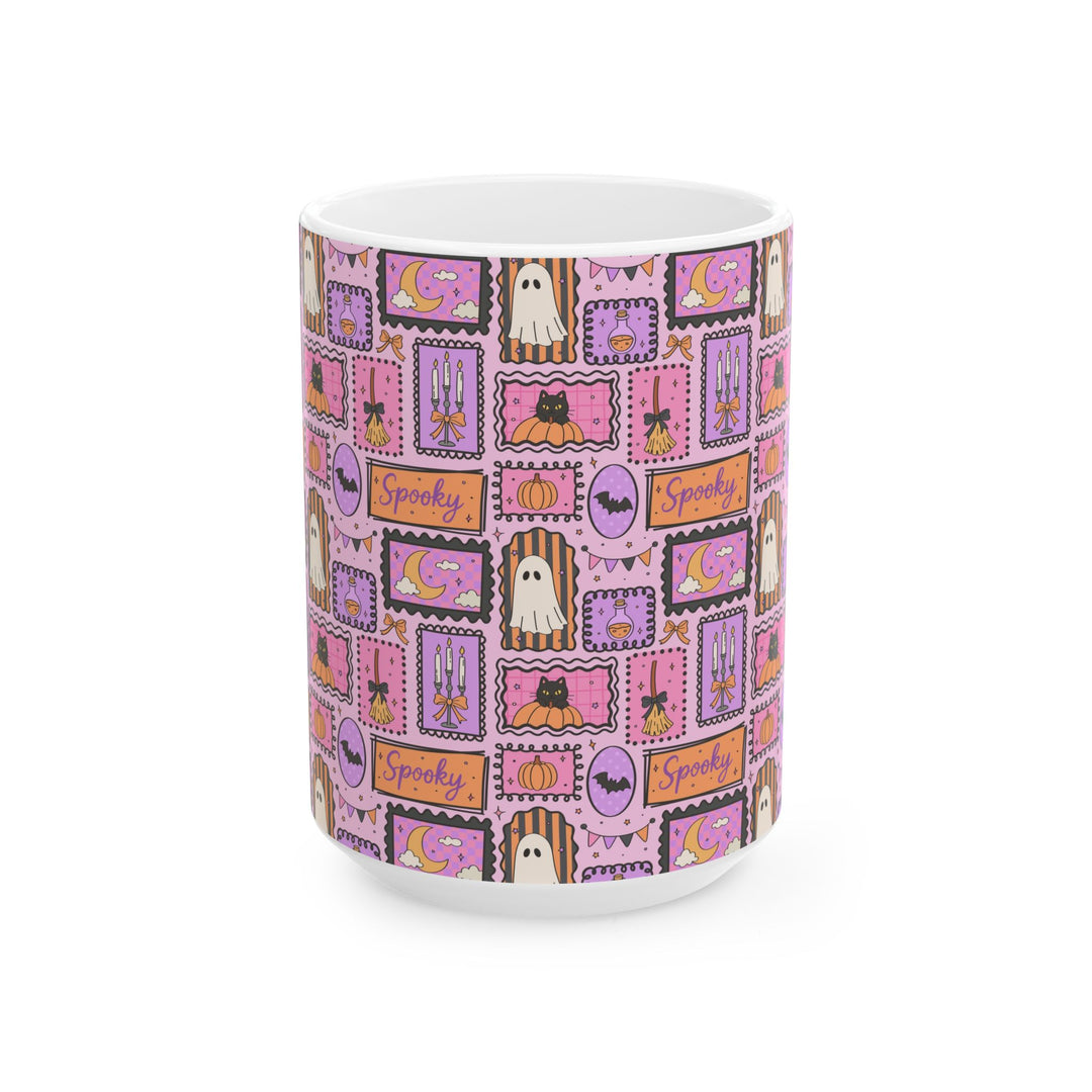 Pink Halloween Stamp Ceramic Mug, Spooky Black Cat Ghost Pumpkin Coffee Cup, Pastel Witchy Gift, 11oz and 15oz