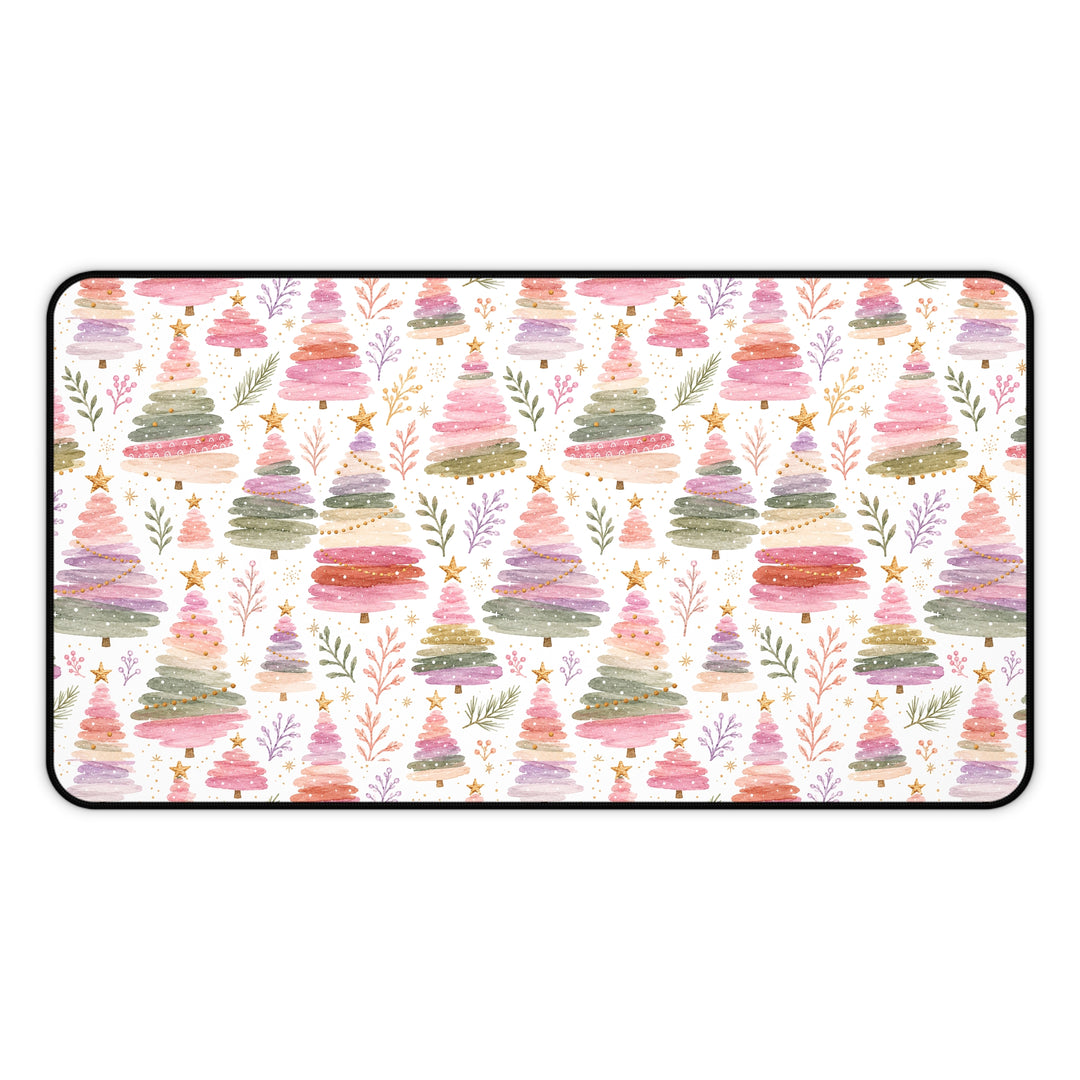 Pastel Watercolor Christmas Tree Desk Mat, Pink Sage Lavender Holiday Desk Pad, Cozy Office Decor