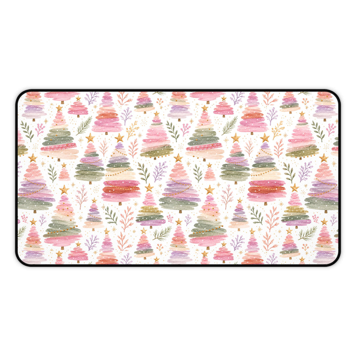Pastel Watercolor Christmas Tree Desk Mat, Pink Sage Lavender Holiday Desk Pad, Cozy Office Decor