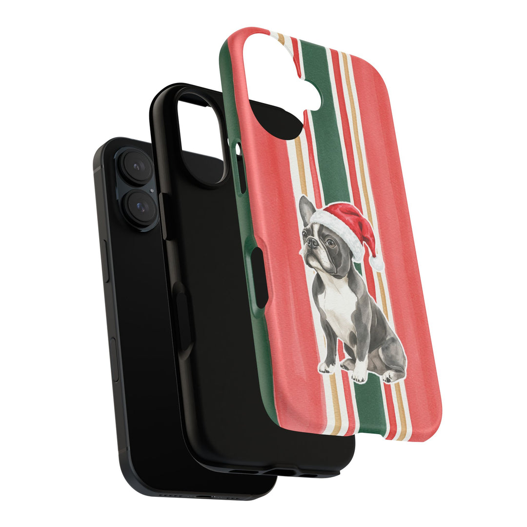 French Bulldog Christmas Tough iPhone Case, Classic Red Green Stripes, Santa Dog Phone Cover