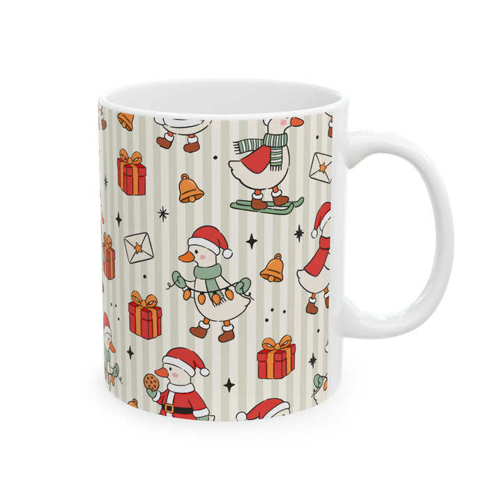 Christmas Goose Ceramic Mug, Cute Holiday Geese Coffee Cup, Sage Stripe Christmas Gift, 11oz and 15oz