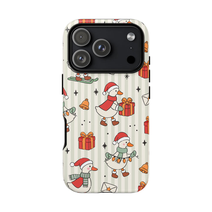 Christmas Goose Tough iPhone Case, Cute Holiday Geese Green Stripe Phone Cover, Matte or Glossy
