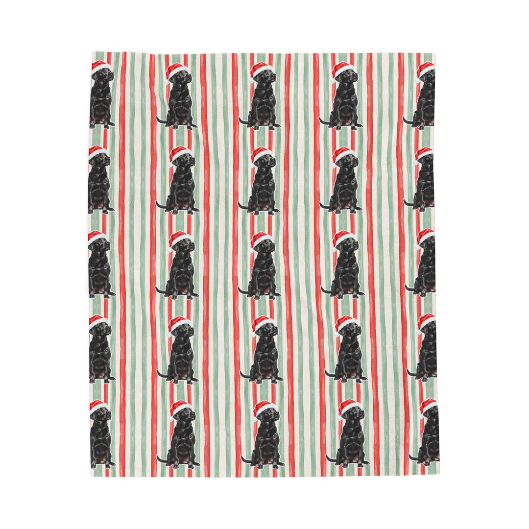 Black Labrador Christmas Velveteen Plush Blanket, Red Sage Stripes, Santa Dog Throw