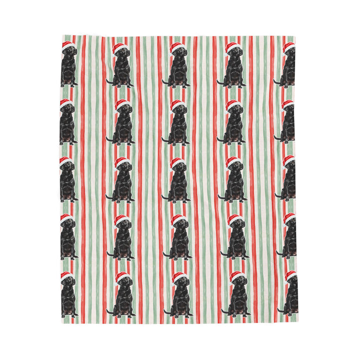 Black Labrador Christmas Velveteen Plush Blanket, Red Sage Stripes, Santa Dog Throw