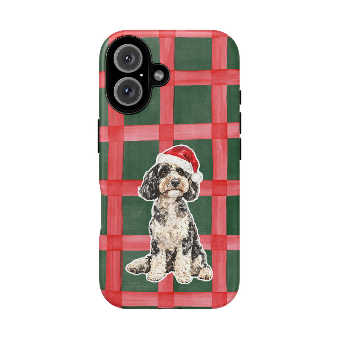 Doodle Christmas Tough iPhone Case, Red Green Plaid, Santa Dog Phone Cover