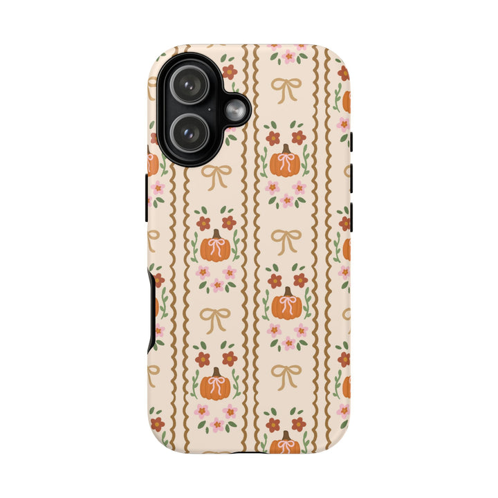 Girly Fall Pumpkin Bow Tough iPhone Case, Scalloped Floral Autumn Phone Cover, Matte or Glossy