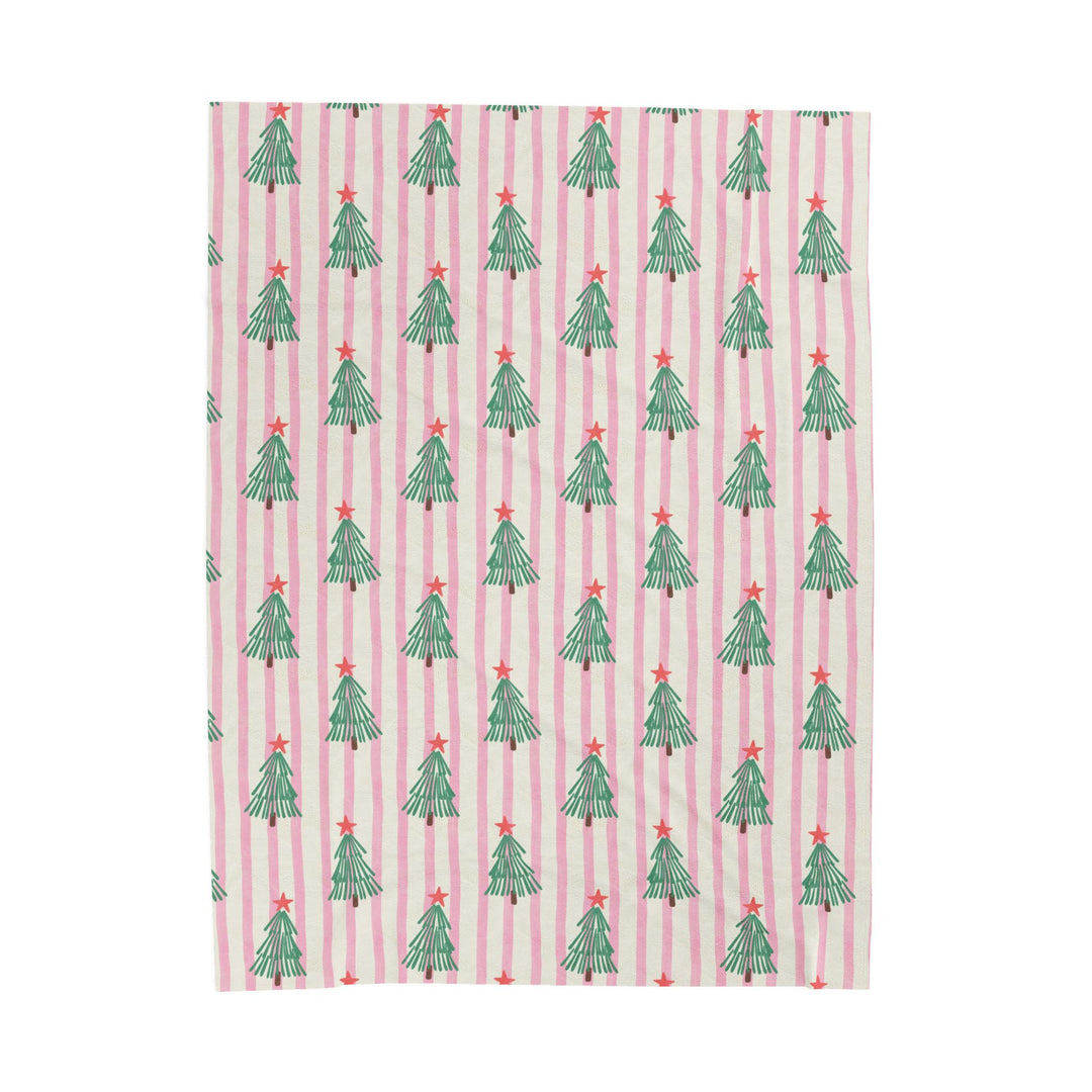 Pink Stripe Christmas Tree Velveteen Plush Blanket, Retro Green Tree Holiday Throw, Cozy Christmas Gift
