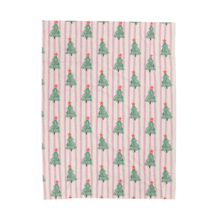 Pink Stripe Christmas Tree Velveteen Plush Blanket, Retro Green Tree Holiday Throw, Cozy Christmas Gift