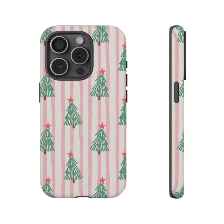 Retro Christmas Tree Tough iPhone Case, Pink Stripe Green Tree Holiday Phone Cover, Matte or Glossy