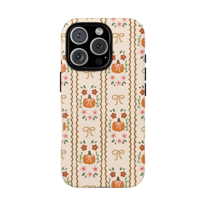 Girly Fall Pumpkin Bow Tough iPhone Case, Scalloped Floral Autumn Phone Cover, Matte or Glossy