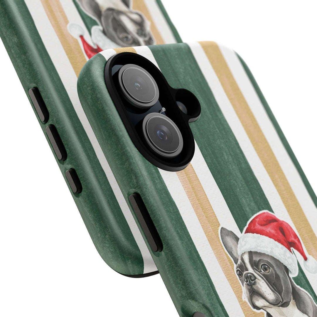 French Bulldog Christmas Tough iPhone Case, Green Gold Stripes, Santa Dog Phone Cover