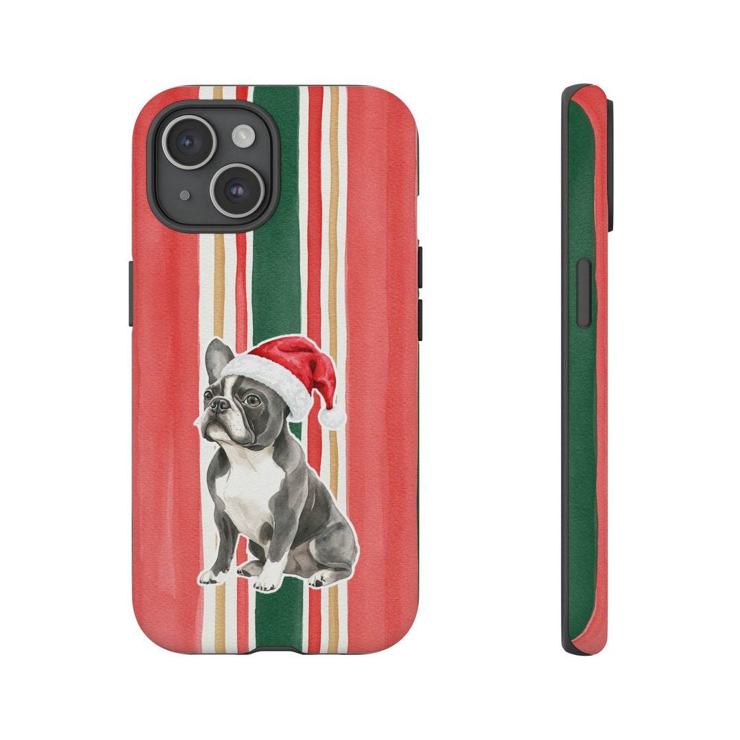 French Bulldog Christmas Tough iPhone Case, Classic Red Green Stripes, Santa Dog Phone Cover