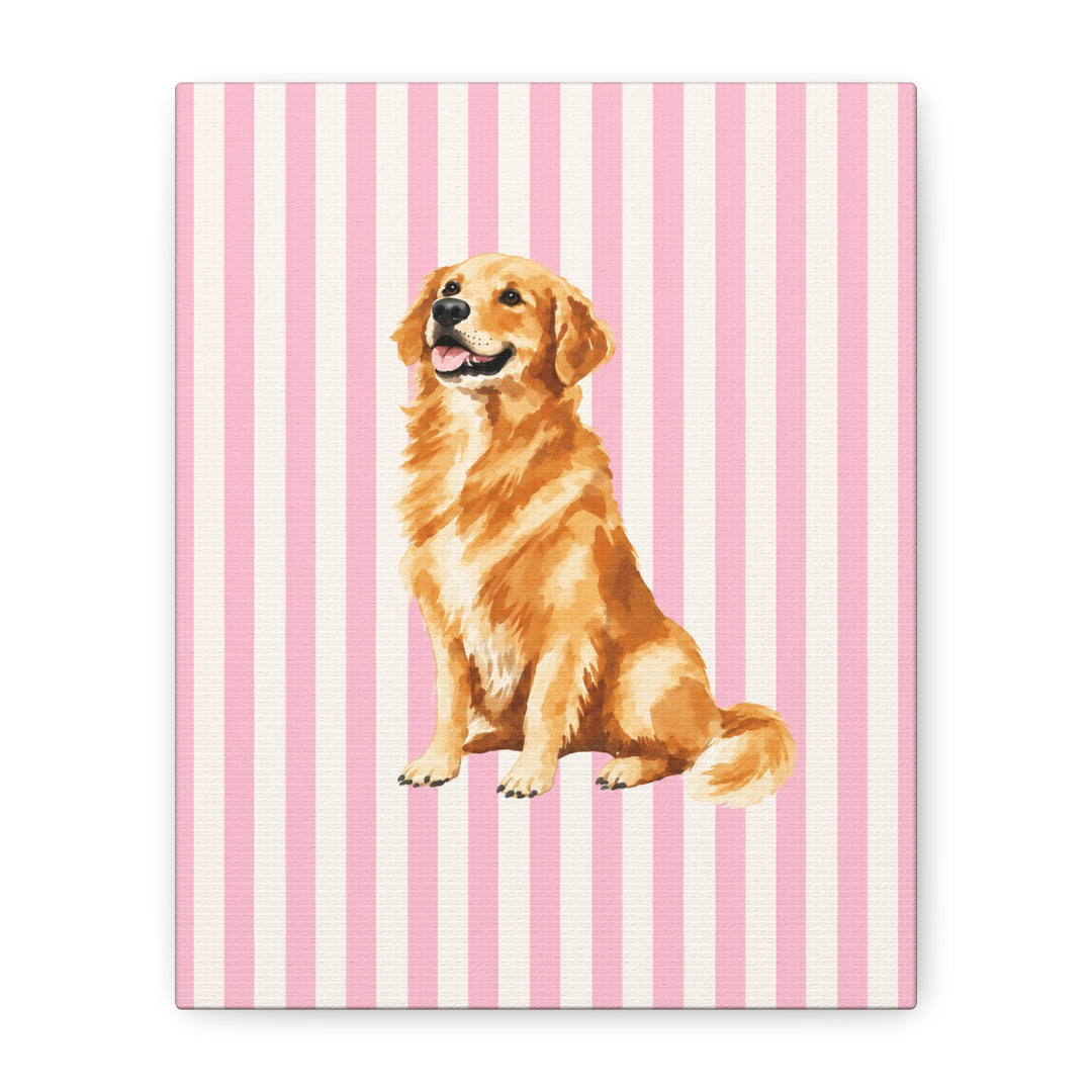 Golden Retriever Canvas Wall Art, Pink Stripe Stretched Canvas, Golden Retriever Mom Gift