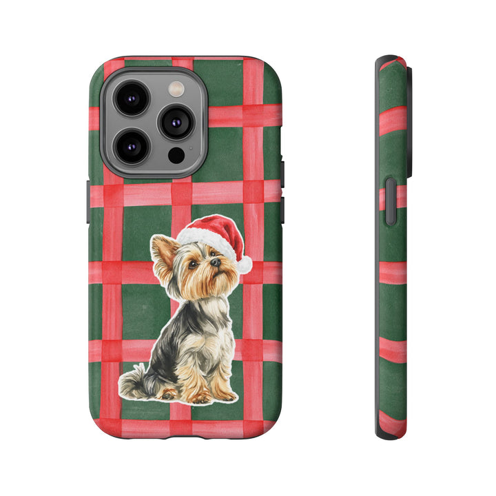 Yorkshire Terrier Christmas Tough iPhone Case, Red Green Plaid, Santa Dog Phone Cover