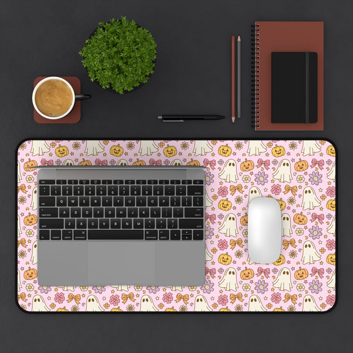 Vintage Ghost Floral Desk Mat, Pink Halloween Pumpkin and Bow Desk Pad, Cute Retro Spooky Large Mouse Pad