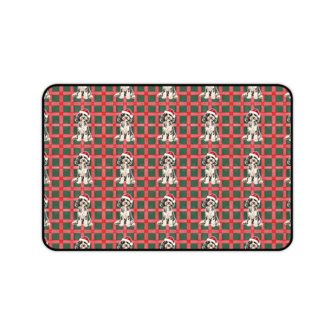 Doodle Christmas Desk Mat, Red Green Plaid, Santa Dog Desk Pad