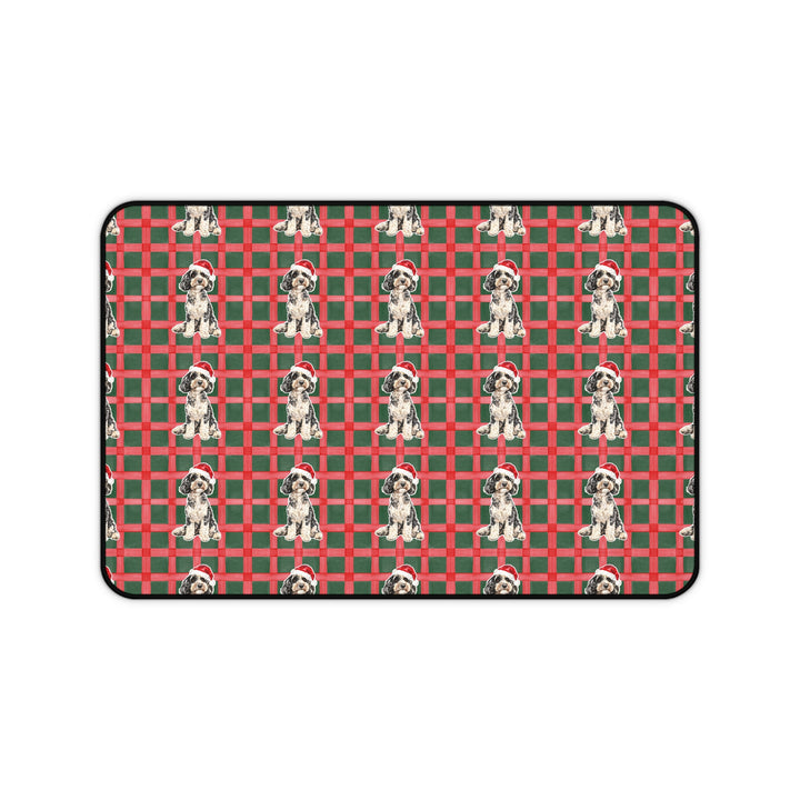 Doodle Christmas Desk Mat, Red Green Plaid, Santa Dog Desk Pad