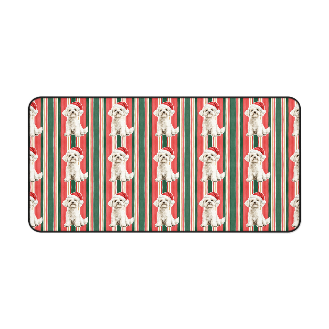 Maltese Christmas Desk Mat, Classic Red Green Stripes, Santa Dog Desk Pad