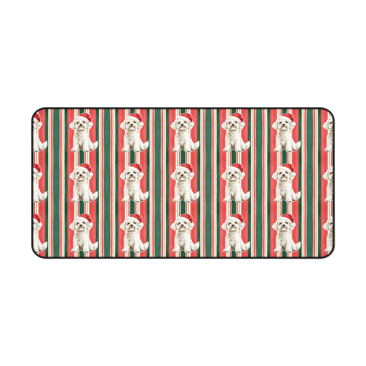 Maltese Christmas Desk Mat, Classic Red Green Stripes, Santa Dog Desk Pad