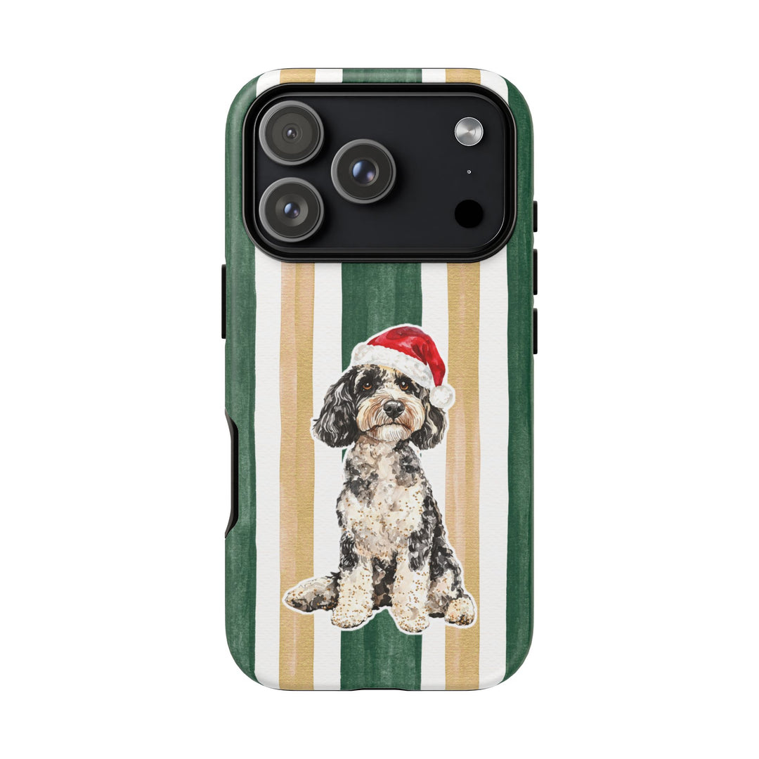 Doodle Christmas Tough iPhone Case, Green Gold Stripes, Santa Dog Phone Cover