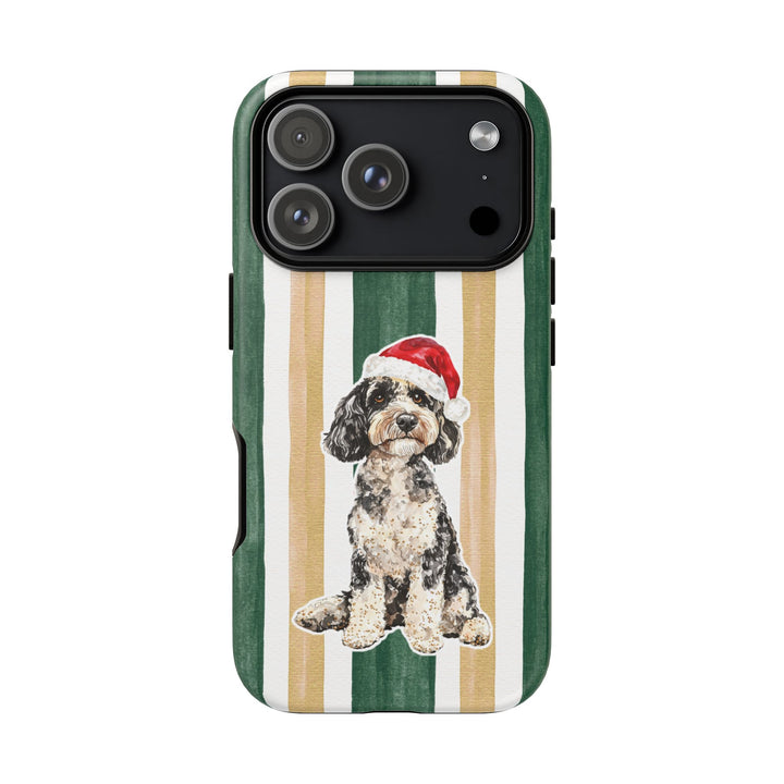Doodle Christmas Tough iPhone Case, Green Gold Stripes, Santa Dog Phone Cover