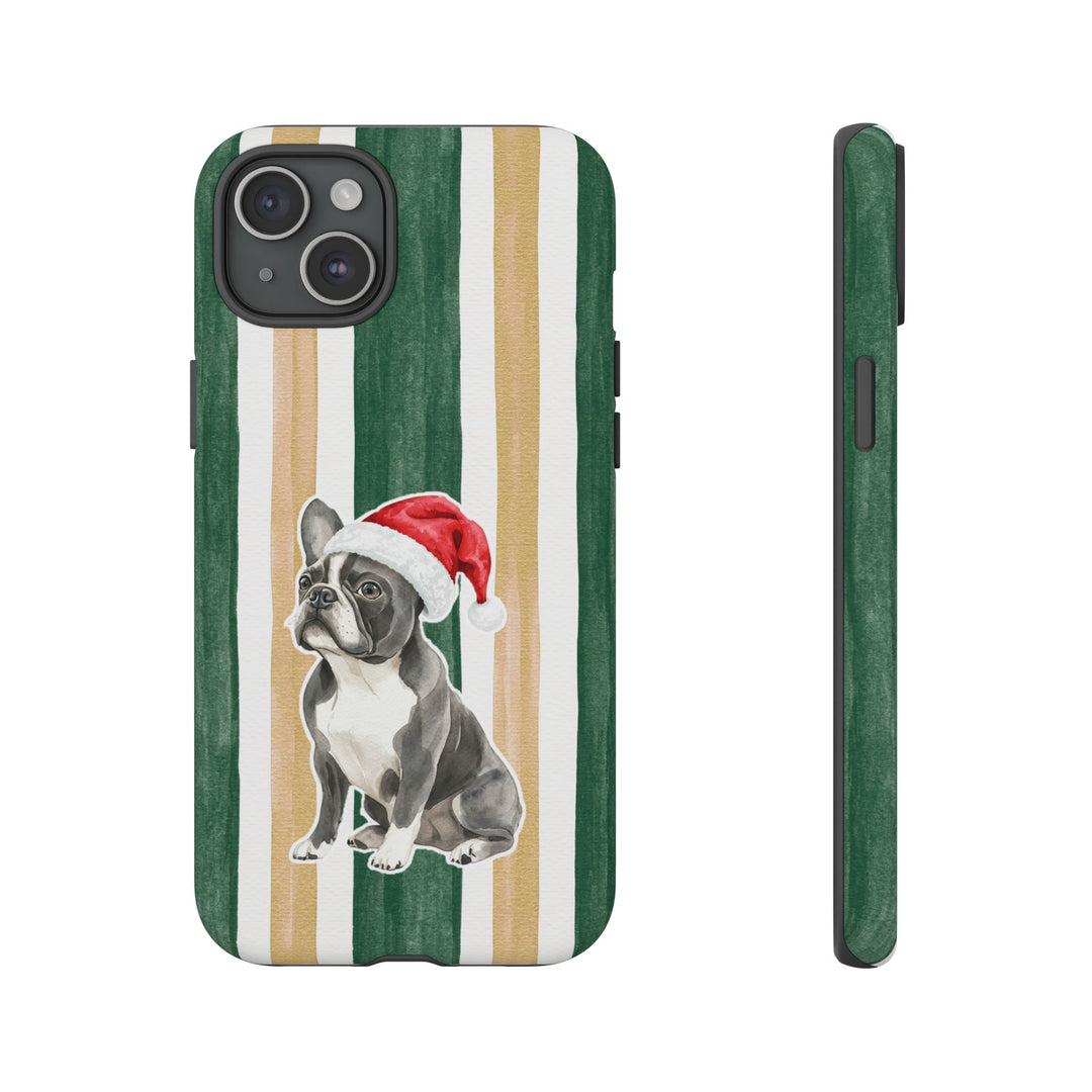 French Bulldog Christmas Tough iPhone Case, Green Gold Stripes, Santa Dog Phone Cover