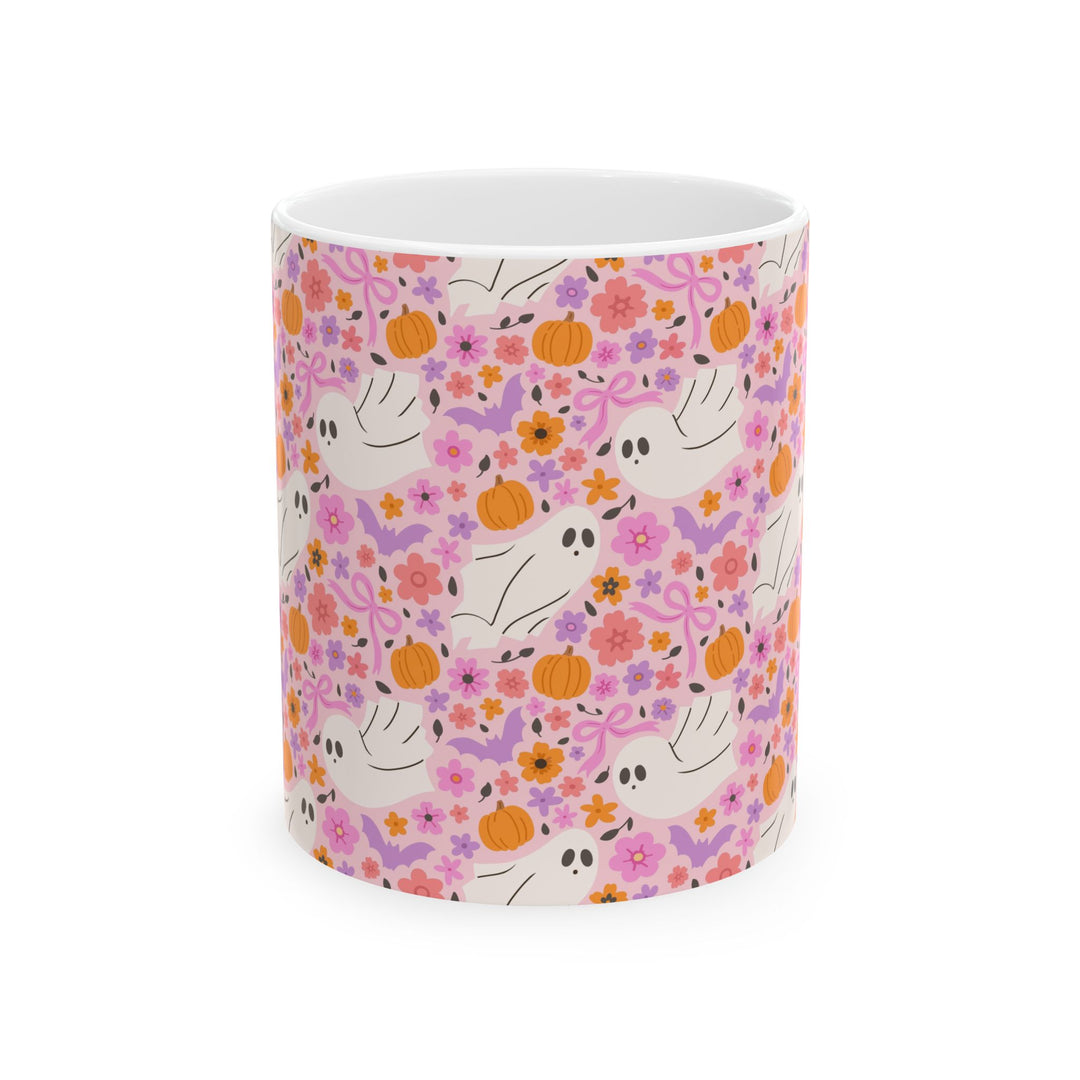 Pink Floral Ghost Ceramic Mug, Cute Halloween Pumpkin Coffee Cup, Pastel Spooky Gift, 11oz and 15oz