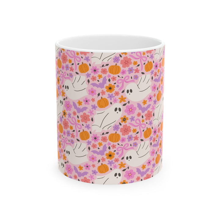 Pink Floral Ghost Ceramic Mug, Cute Halloween Pumpkin Coffee Cup, Pastel Spooky Gift, 11oz and 15oz
