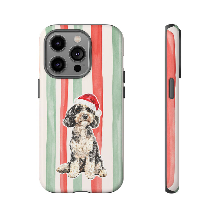 Doodle Christmas Tough iPhone Case, Red Sage Stripes, Santa Dog Phone Cover