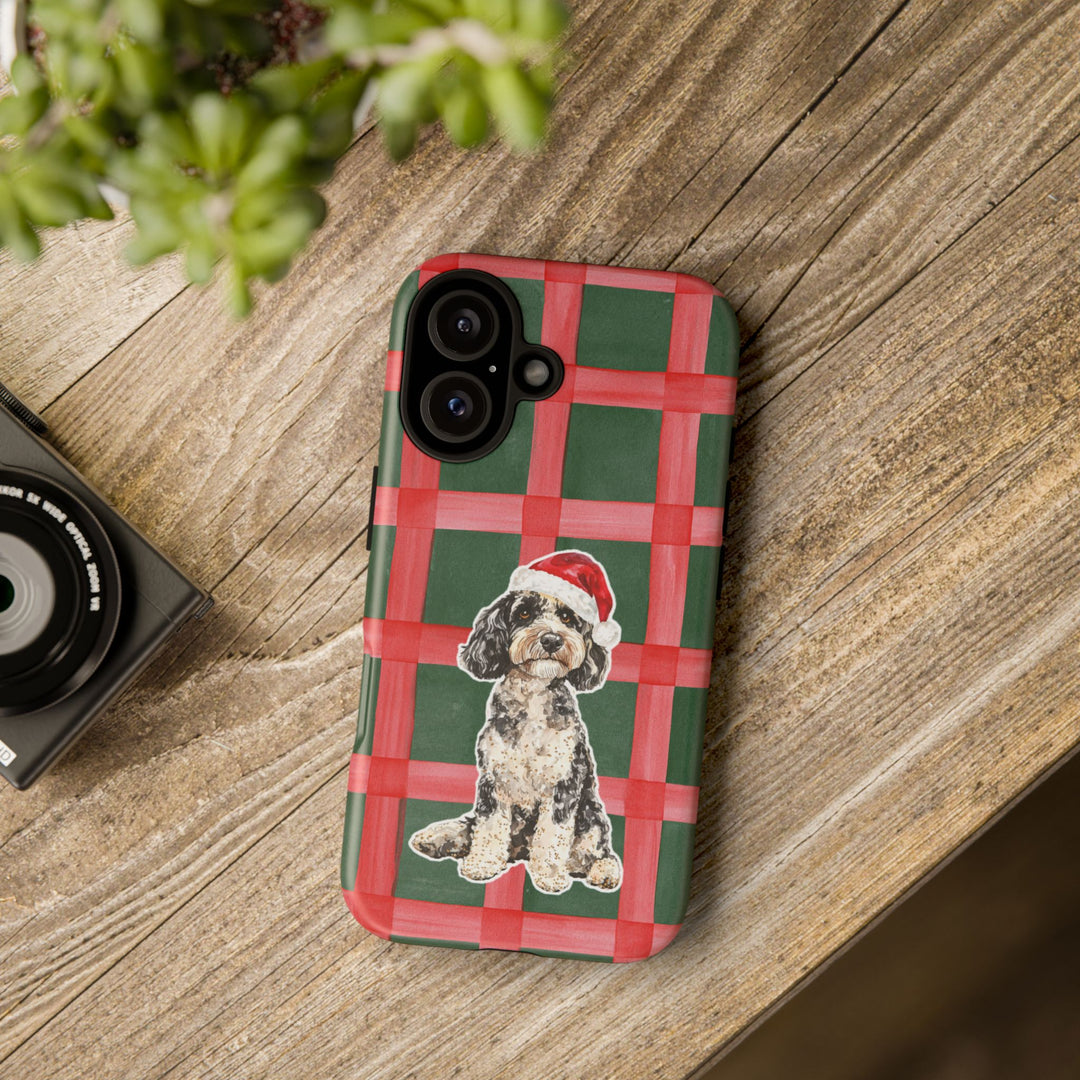 Doodle Christmas Tough iPhone Case, Red Green Plaid, Santa Dog Phone Cover