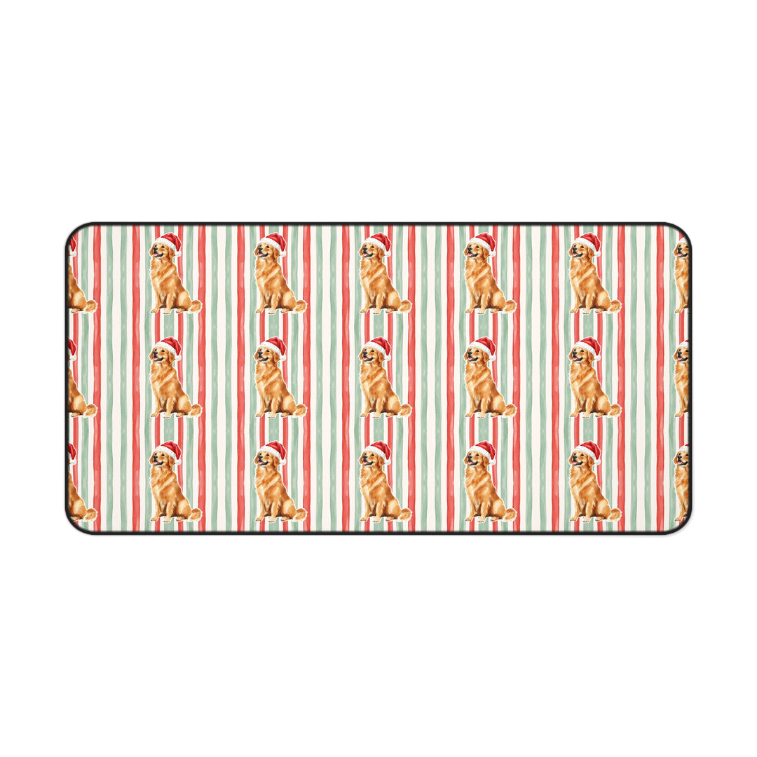 Golden Retriever Christmas Desk Mat, Red Sage Stripes, Santa Dog Desk Pad