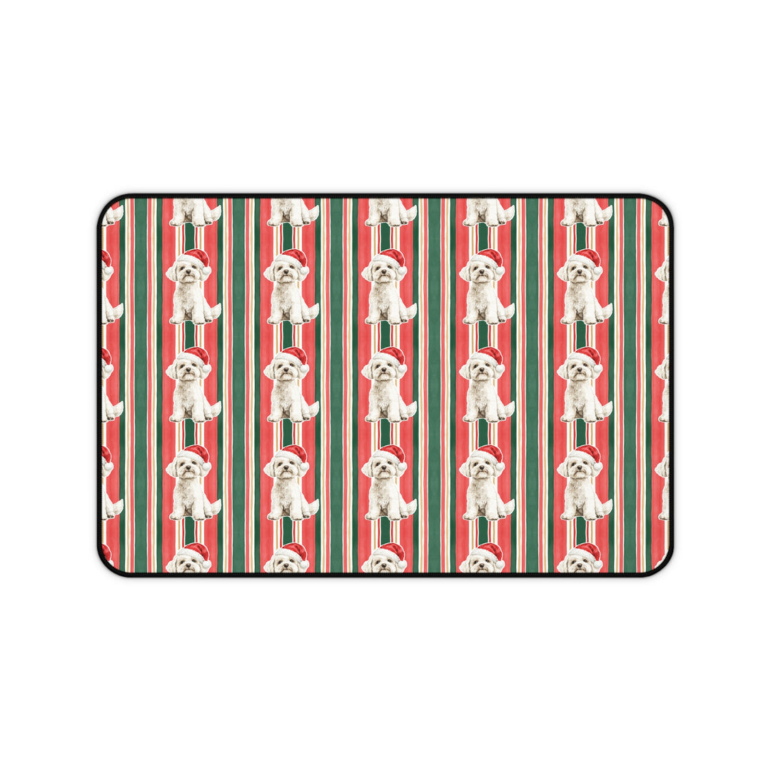 Maltese Christmas Desk Mat, Classic Red Green Stripes, Santa Dog Desk Pad
