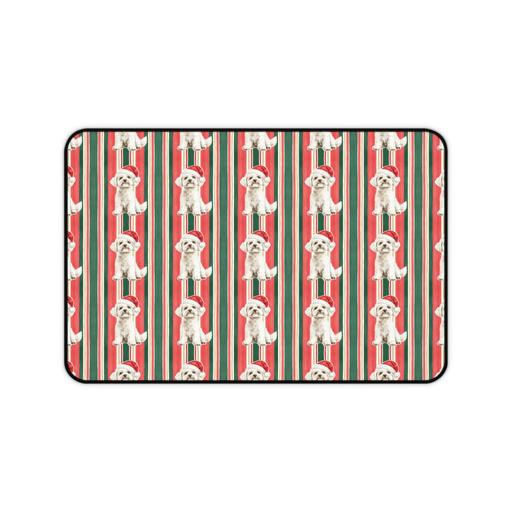 Maltese Christmas Desk Mat, Classic Red Green Stripes, Santa Dog Desk Pad