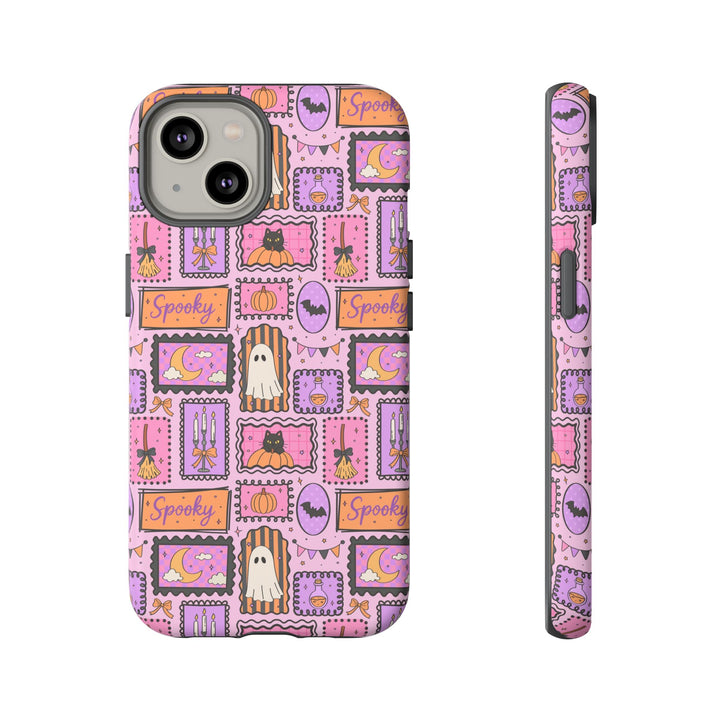 Pink Spooky Frames Tough iPhone Case, Halloween Ghost Black Cat Pumpkin Phone Cover, Matte or Glossy