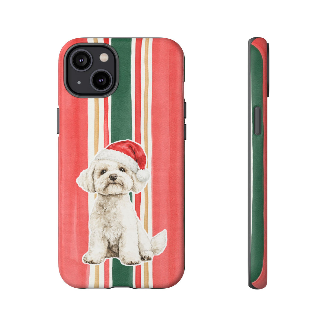Maltese Christmas Tough iPhone Case, Classic Red Green Stripes, Santa Dog Phone Cover