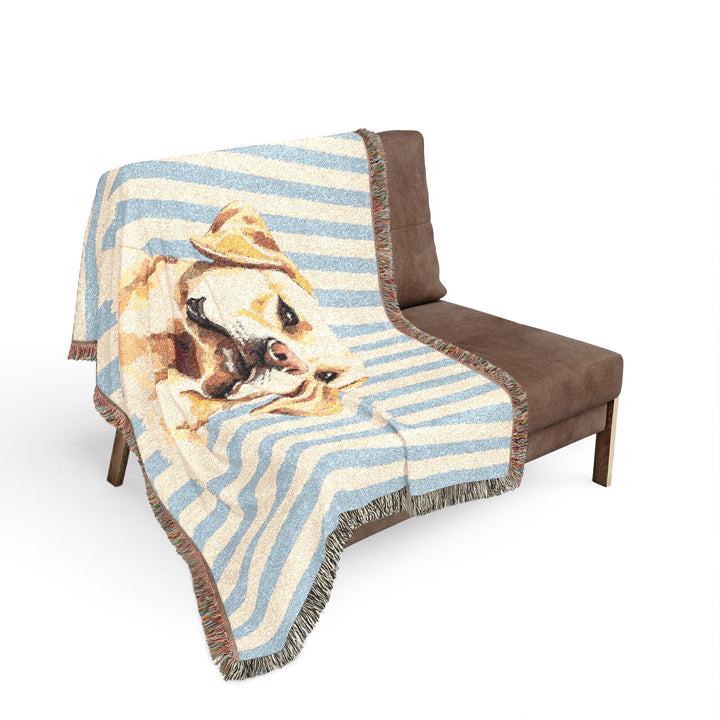 Yellow Lab Woven Blanket, Blue Stripe Cotton Throw, Labrador Mom Gift, 60 x 50