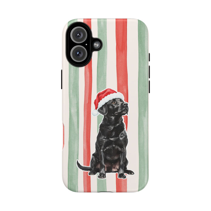 Black Labrador Christmas Tough iPhone Case, Red Sage Stripes, Santa Dog Phone Cover