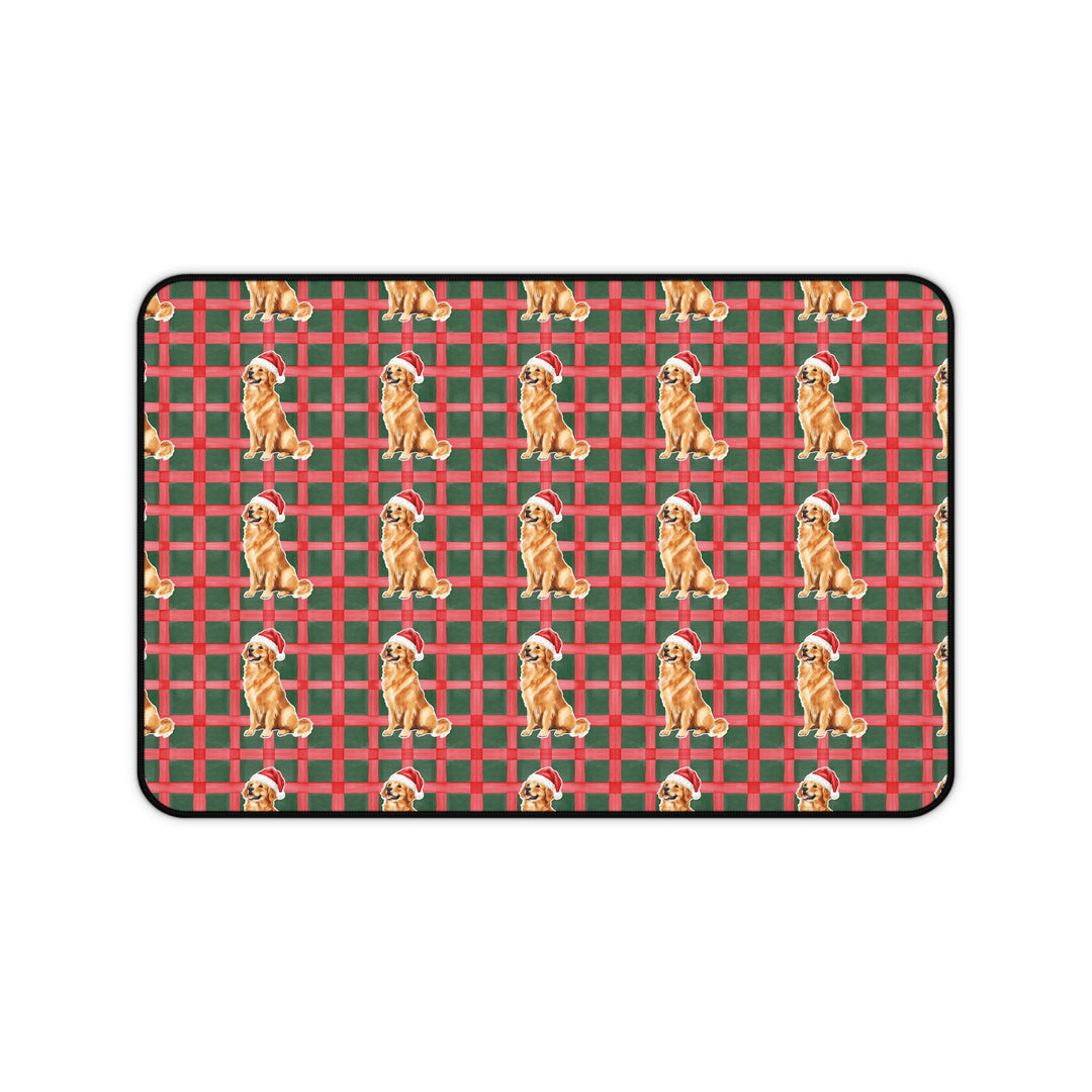 Golden Retriever Christmas Desk Mat, Red Green Plaid, Santa Dog Desk Pad