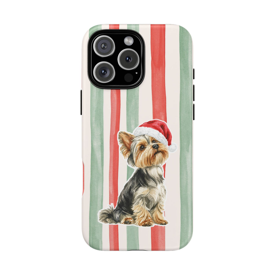 Yorkshire Terrier Christmas Tough iPhone Case, Red Sage Stripes, Santa Dog Phone Cover