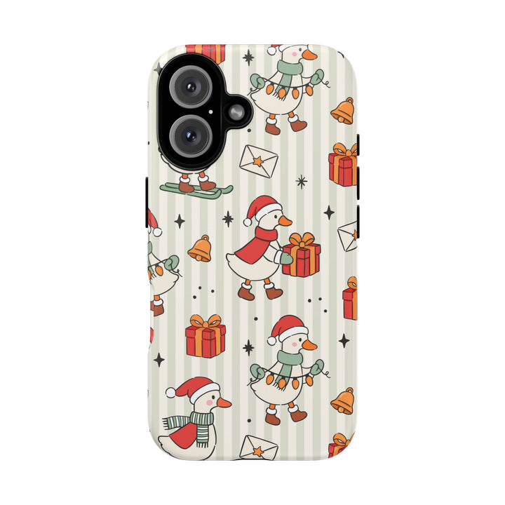 Christmas Goose Tough iPhone Case, Cute Holiday Geese Green Stripe Phone Cover, Matte or Glossy