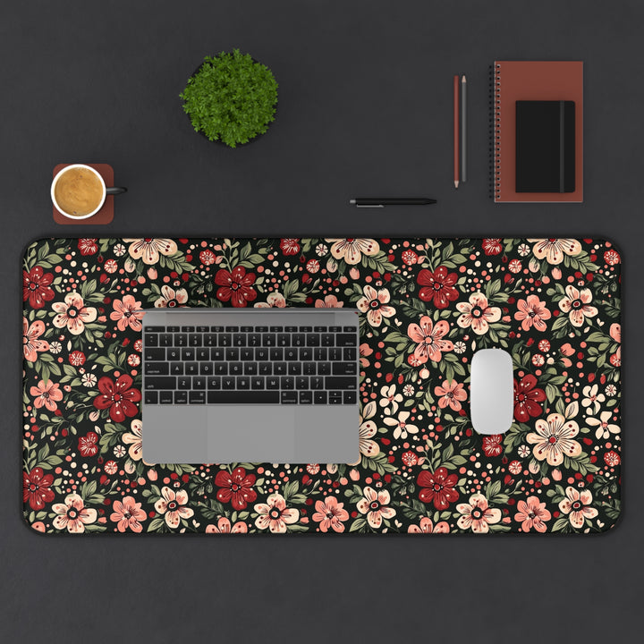 Retro Christmas Floral Desk Mat, Dark Botanical Holiday Desk Pad, Pink and Red Flower Office Decor