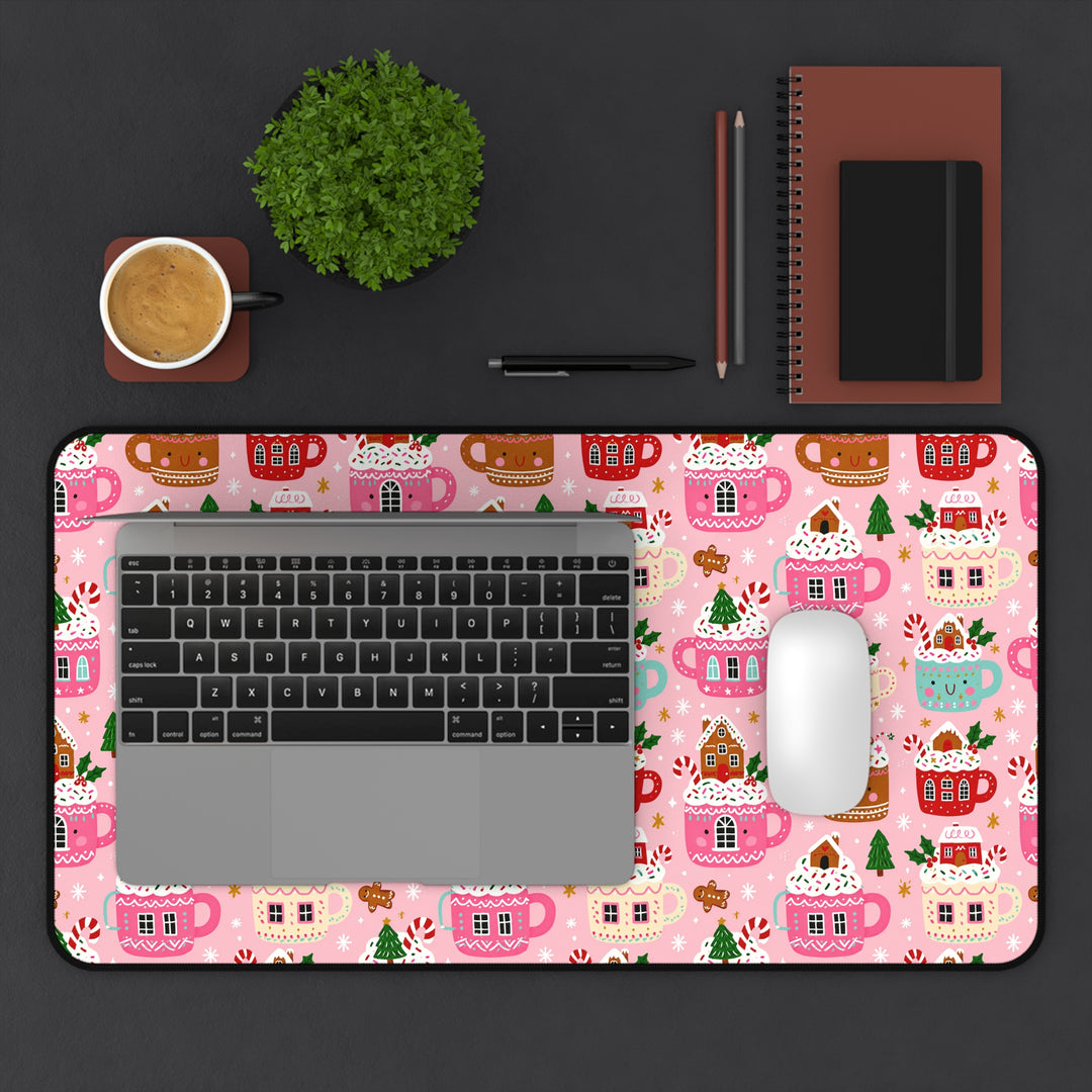 Pink Christmas Cocoa Desk Mat, Gingerbread Mug Desk Pad, Cute Holiday Large Mouse Pad